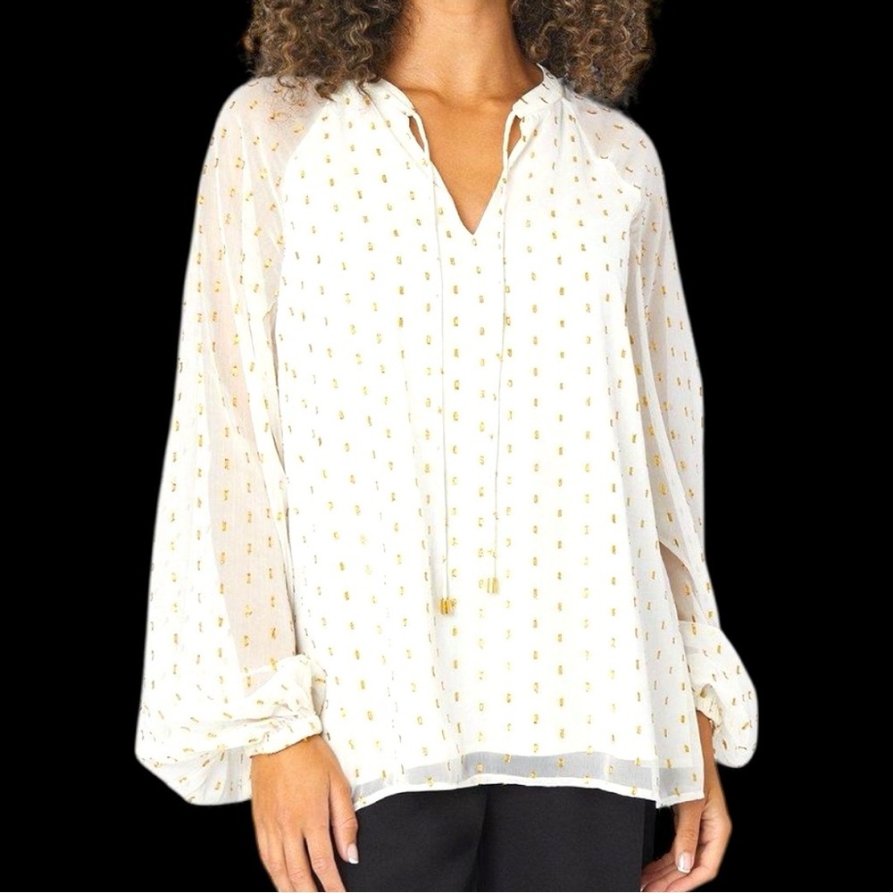 NEW Crown&Ivy Size M Sheer Off-White/Gold Metallic Spot Tie Detail Lined Blouse